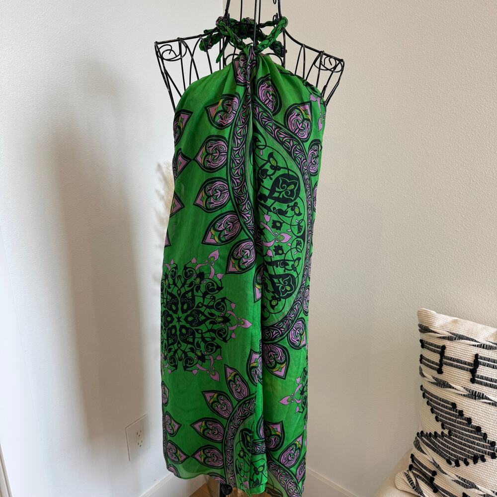 Nieves Lavi NY 100% Silk Printed Halter Sarong Midi Dress Green Purple Sz 6